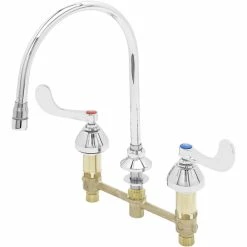 T&S Brass And Bronze Works T&S B-2872 Easy Install Deck Mount Faucet With 8" Centers, 4" Wrist Action Handles, 8 13/16" Gooseneck Spout, And Cerama Cartridges