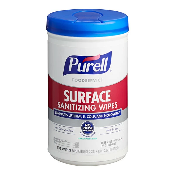 Purell® 9341-06 110 Count Foodservice No-Rinse Food Contact Surface Sanitizing Wipes - 6/Case 1 Purell® 9341-06 110 Count Foodservice No-Rinse Food Contact Surface Sanitizing Wipes - 6/Case