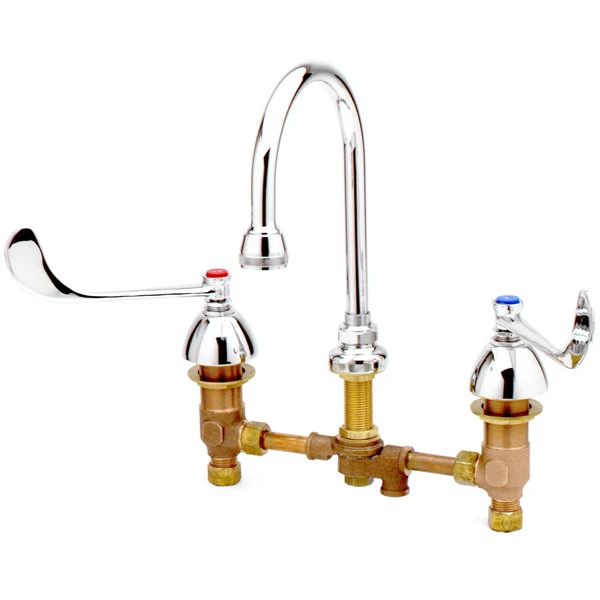 T&S Brass And Bronze Works T&S B-0866-07-PV Deck Mount Mixing Faucet With 8" Adjustable Centers, 5 3/4" Gooseneck, 6" Wrist Action Handles, And Pedal Valve Connection 1 T&S Brass And Bronze Works T&S B-0866-07-PV Deck Mount Mixing Faucet With 8" Adjustable Centers, 5 3/4" Gooseneck, 6" Wrist Action Handles, And Pedal Valve Connection