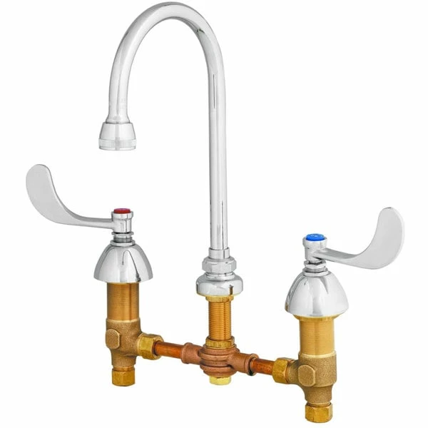 T&S Brass And Bronze Works T&S B-0869-04 Deck Mount Mixing Faucet With 8" Adjustable Centers, 5 9/16" Gooseneck, 4" Wrist Action Handles, And Pop Up Drain Assembly 1 T&S Brass And Bronze Works T&S B-0869-04 Deck Mount Mixing Faucet With 8" Adjustable Centers, 5 9/16" Gooseneck, 4" Wrist Action Handles, And Pop Up Drain Assembly
