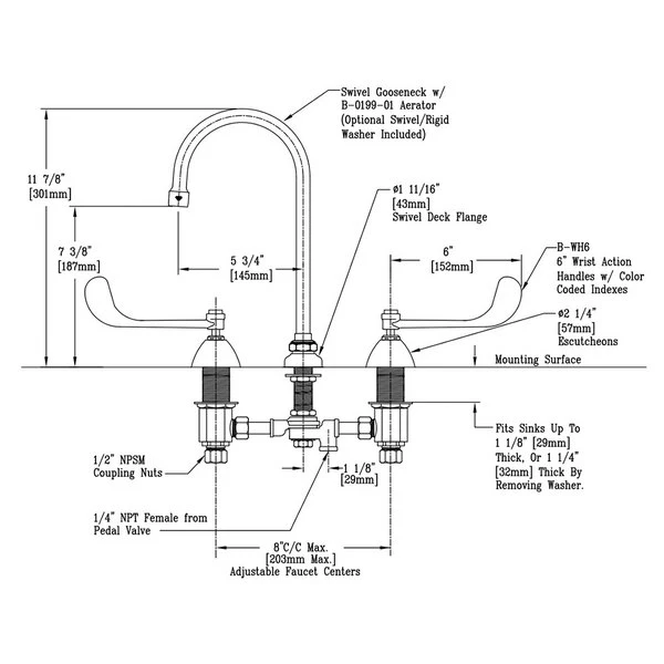 T&S Brass And Bronze Works T&S B-0866-07-PV Deck Mount Mixing Faucet With 8" Adjustable Centers, 5 3/4" Gooseneck, 6" Wrist Action Handles, And Pedal Valve Connection 2 T&S Brass And Bronze Works T&S B-0866-07-PV Deck Mount Mixing Faucet With 8" Adjustable Centers, 5 3/4" Gooseneck, 6" Wrist Action Handles, And Pedal Valve Connection - Image 2