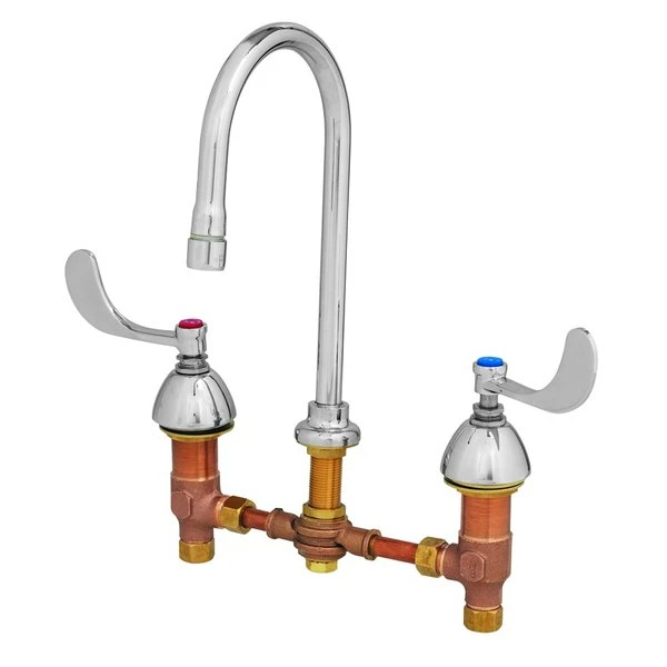 T&S Brass And Bronze Works T&S B-0867-04L Deck Mount Mixing Faucet With 12" Adjustable Centers, 5 9/16" Gooseneck, And 4" Wrist Action Handles 1 T&S Brass And Bronze Works T&S B-0867-04L Deck Mount Mixing Faucet With 12" Adjustable Centers, 5 9/16" Gooseneck, And 4" Wrist Action Handles