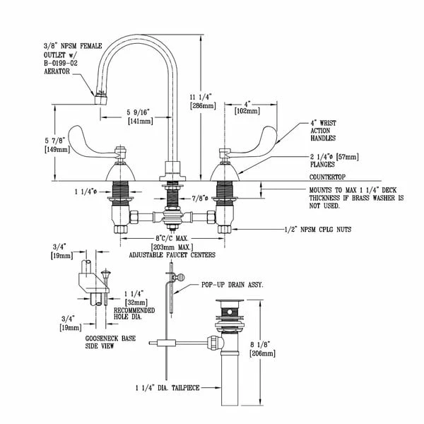 T&S Brass And Bronze Works T&S B-0869-04 Deck Mount Mixing Faucet With 8" Adjustable Centers, 5 9/16" Gooseneck, 4" Wrist Action Handles, And Pop Up Drain Assembly 2 T&S Brass And Bronze Works T&S B-0869-04 Deck Mount Mixing Faucet With 8" Adjustable Centers, 5 9/16" Gooseneck, 4" Wrist Action Handles, And Pop Up Drain Assembly - Image 2